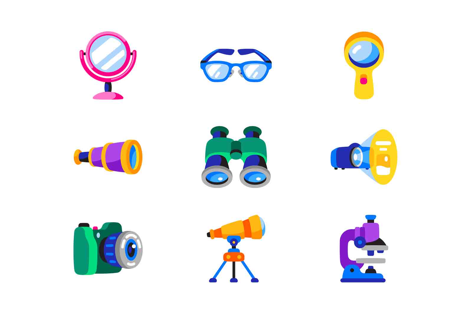 Optical accessories icons set vector illustration. Mirror, glasses, loupe, spyglass, microscope, and binoculars flat style concept