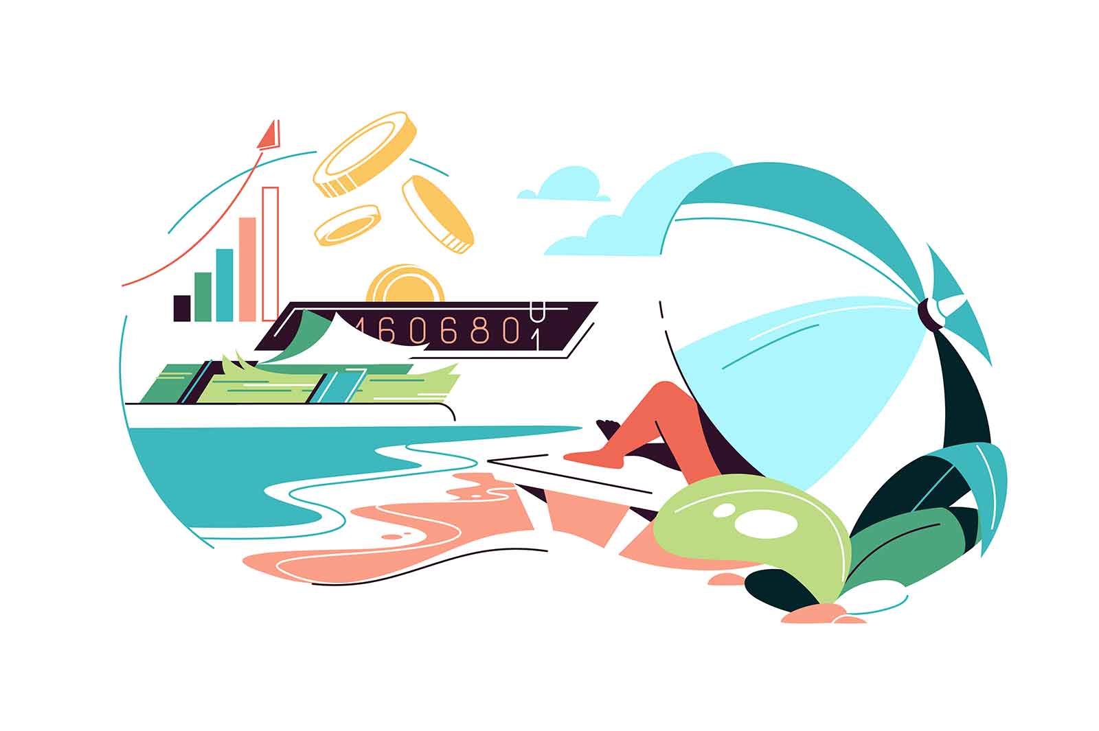 Passive income concept vector illustration. Person relaxing on a beach and earning money without actively working