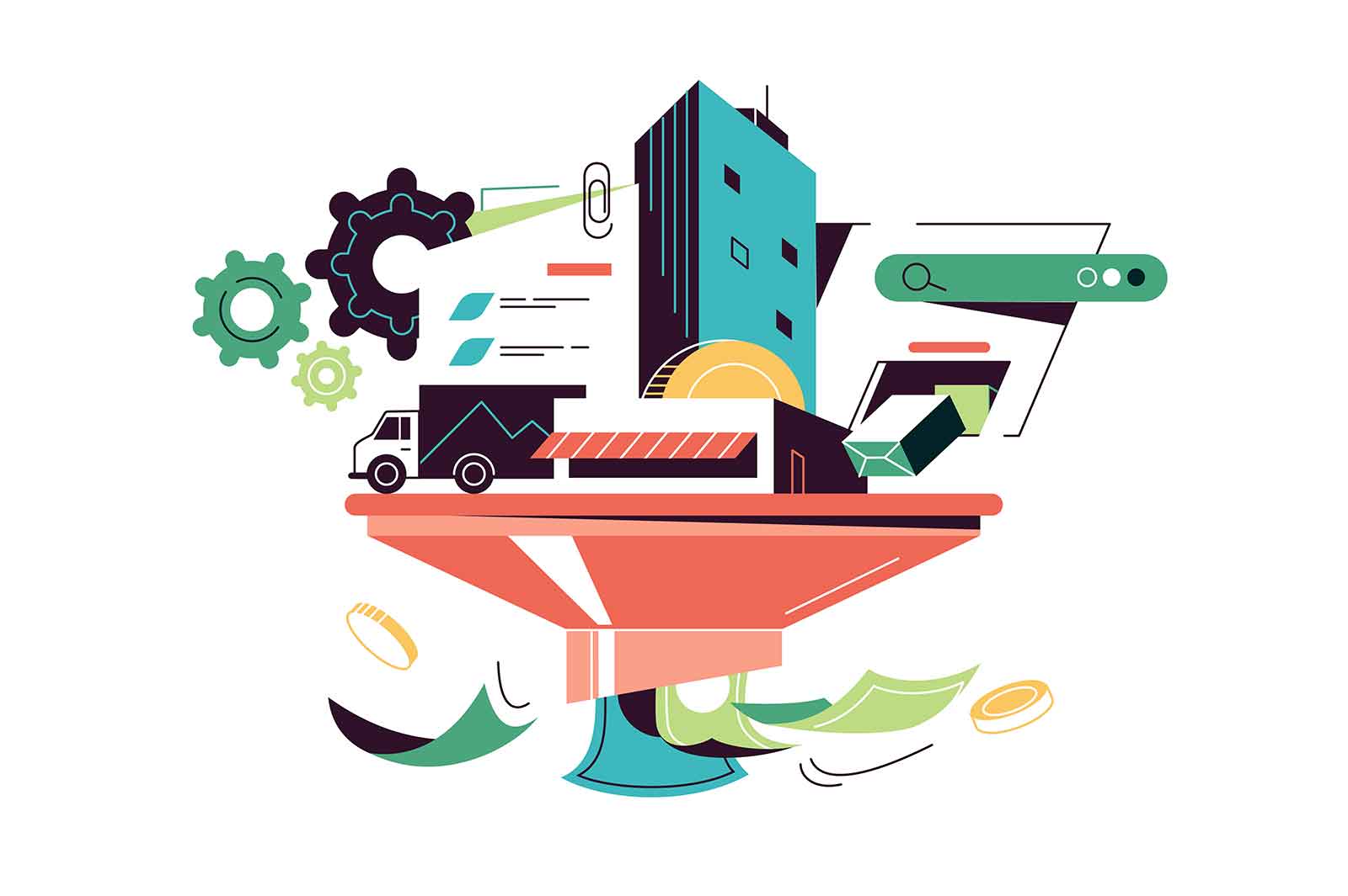 Business profit, process of generating profit concept vector illustration. Business work together to achieve financial success.