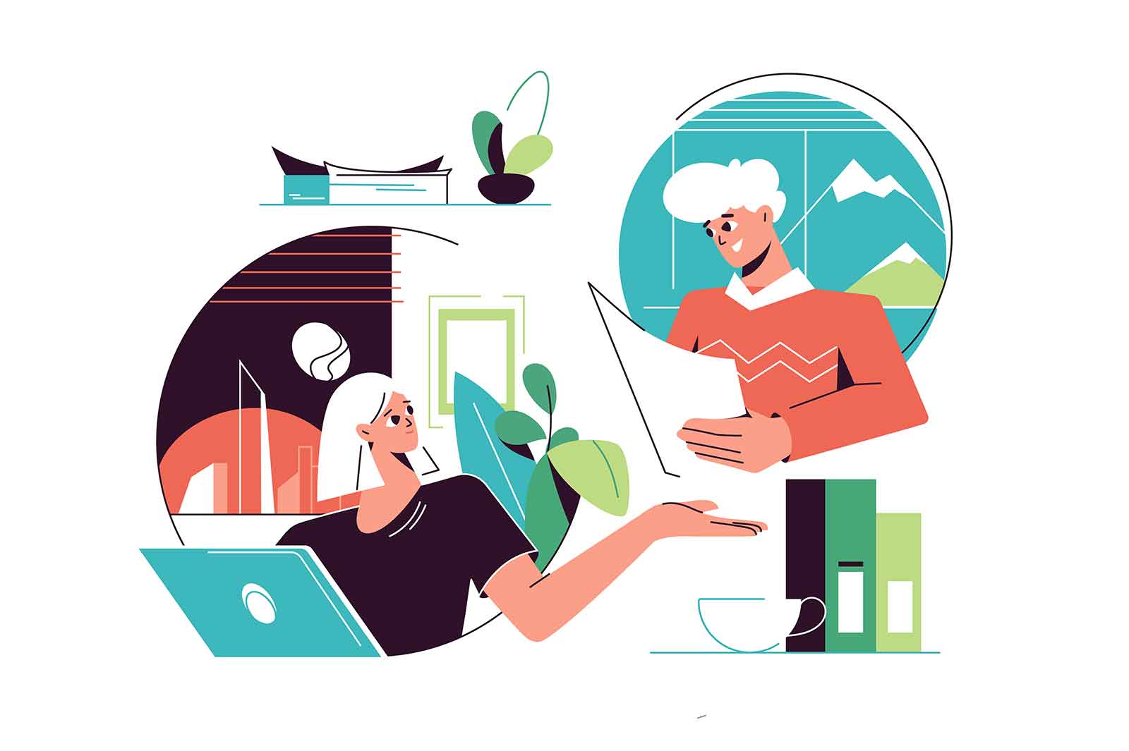 Coworkers communicate on distance, remote work concept vector illustration.