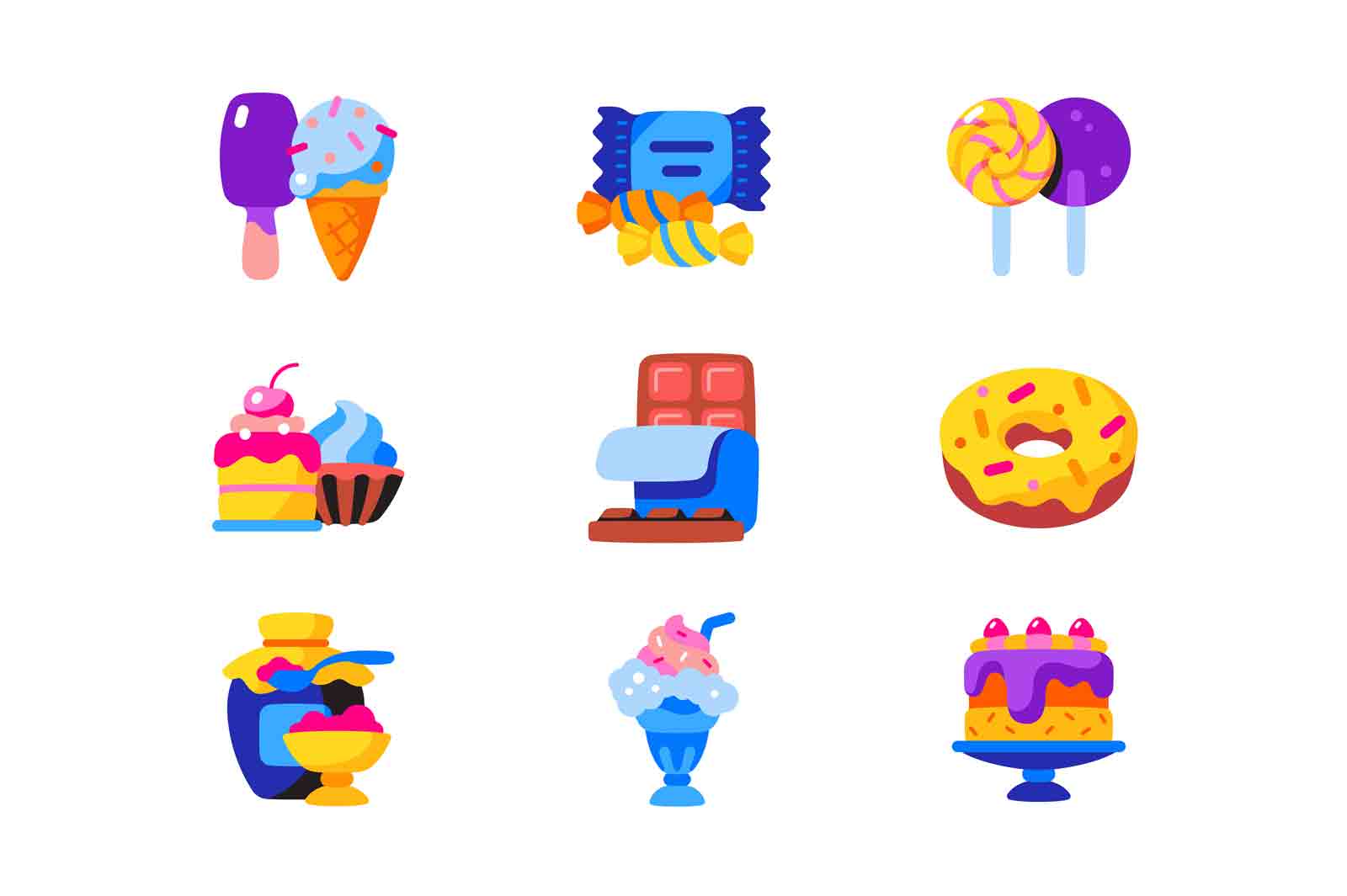 Sweet food icons set vector illustration. Cake, donut, cupcake, ice cream, chocolate and jam flat style concept