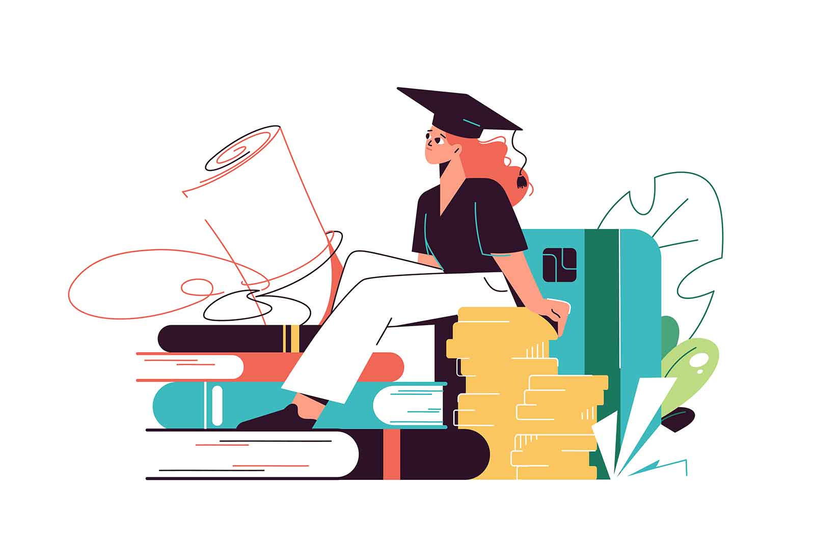 Cost of education, student sitting on books, concept vector illustration. Bank card and leaves in the background. Paying for education.