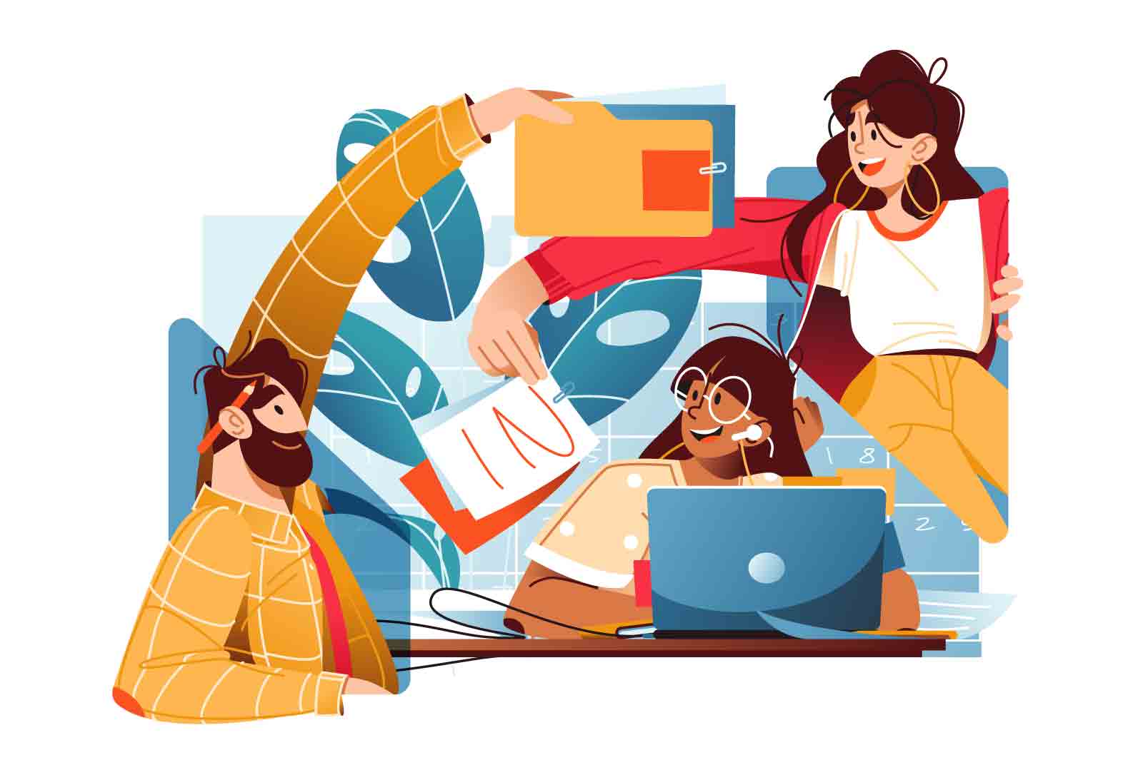 Team of three colleagues discuss and exchange documents in a modern office, vector illustration. Collaborative work, efficiency and productivity.