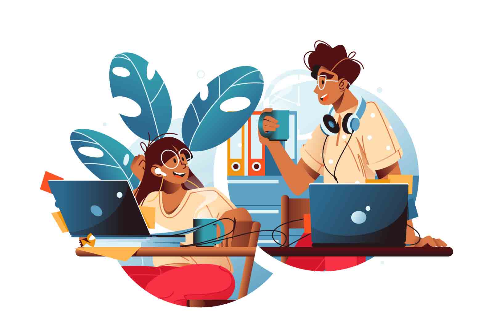 Two colleagues working together with laptops, smiling, and surrounded by office documents and plants, vector illustration.
