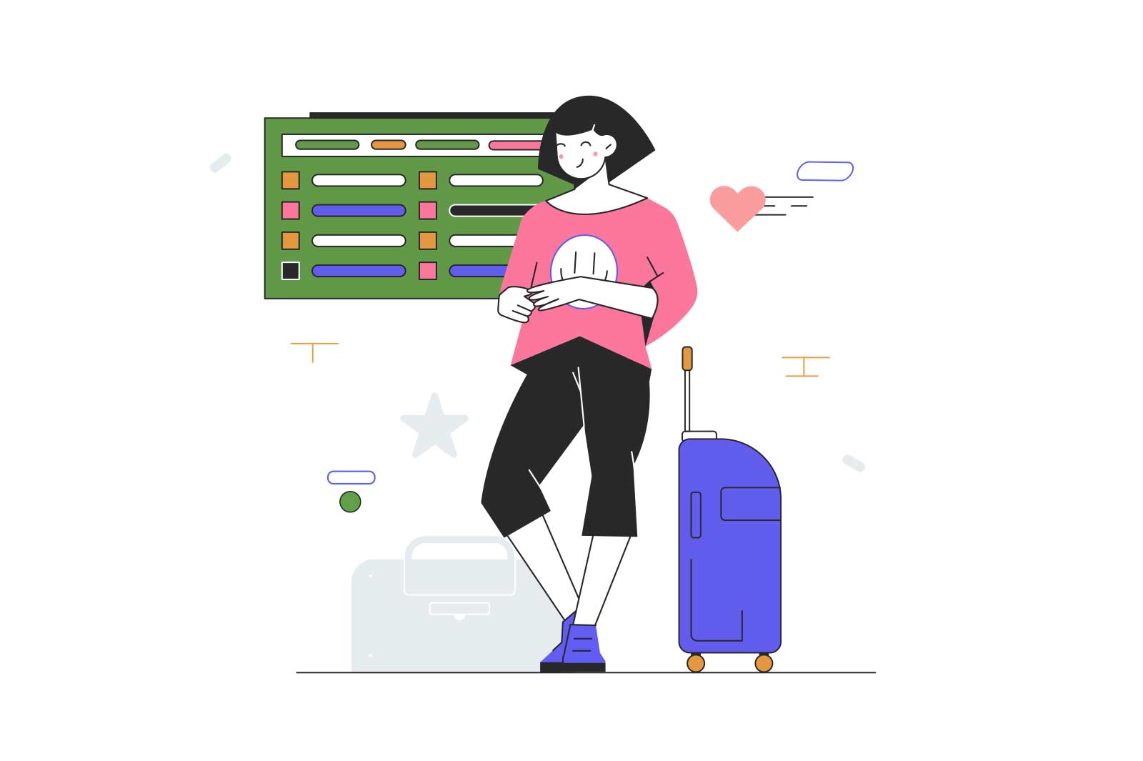 Girl waiting for a departure vector illustration. Woman with suitcase, standing near a departures board, transportation concept.