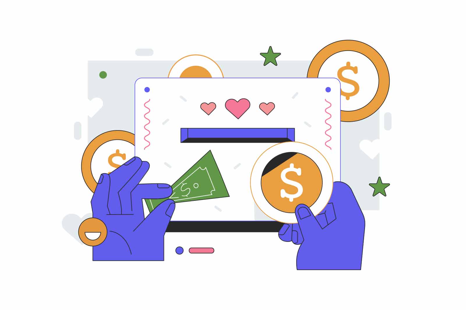 Person hands donating money in box vector illustration. Volunteers putting coins in donation box or donating money. Financial support and fundraising concept