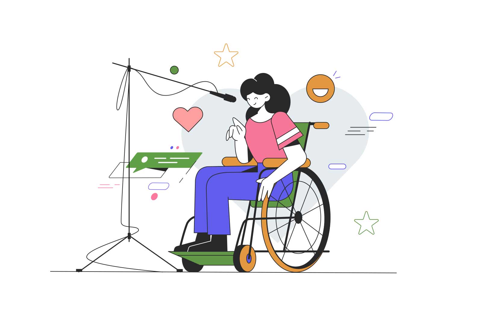 Woman in a wheelchair making speech via microphone. Disabled female, lady with limited mobility try tell something to the other people. Vector illustration.