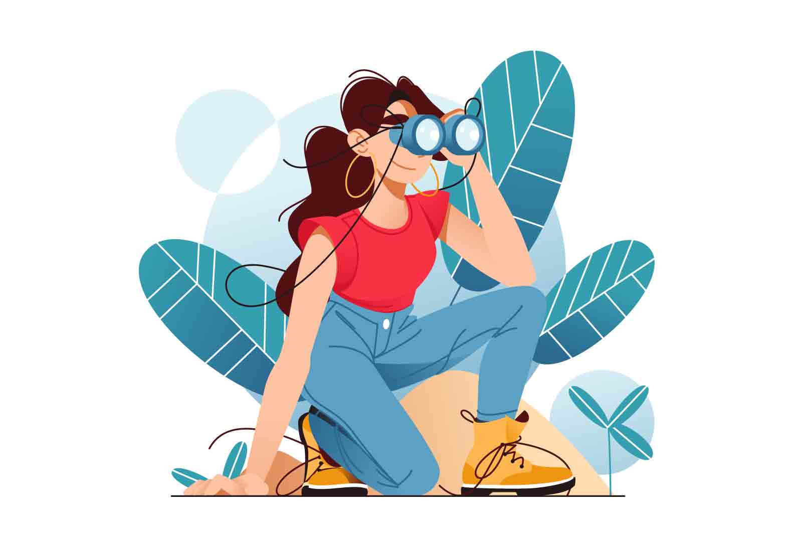 Girl searching for something, using binoculars. Exploration and discovery concept, vector illustration.