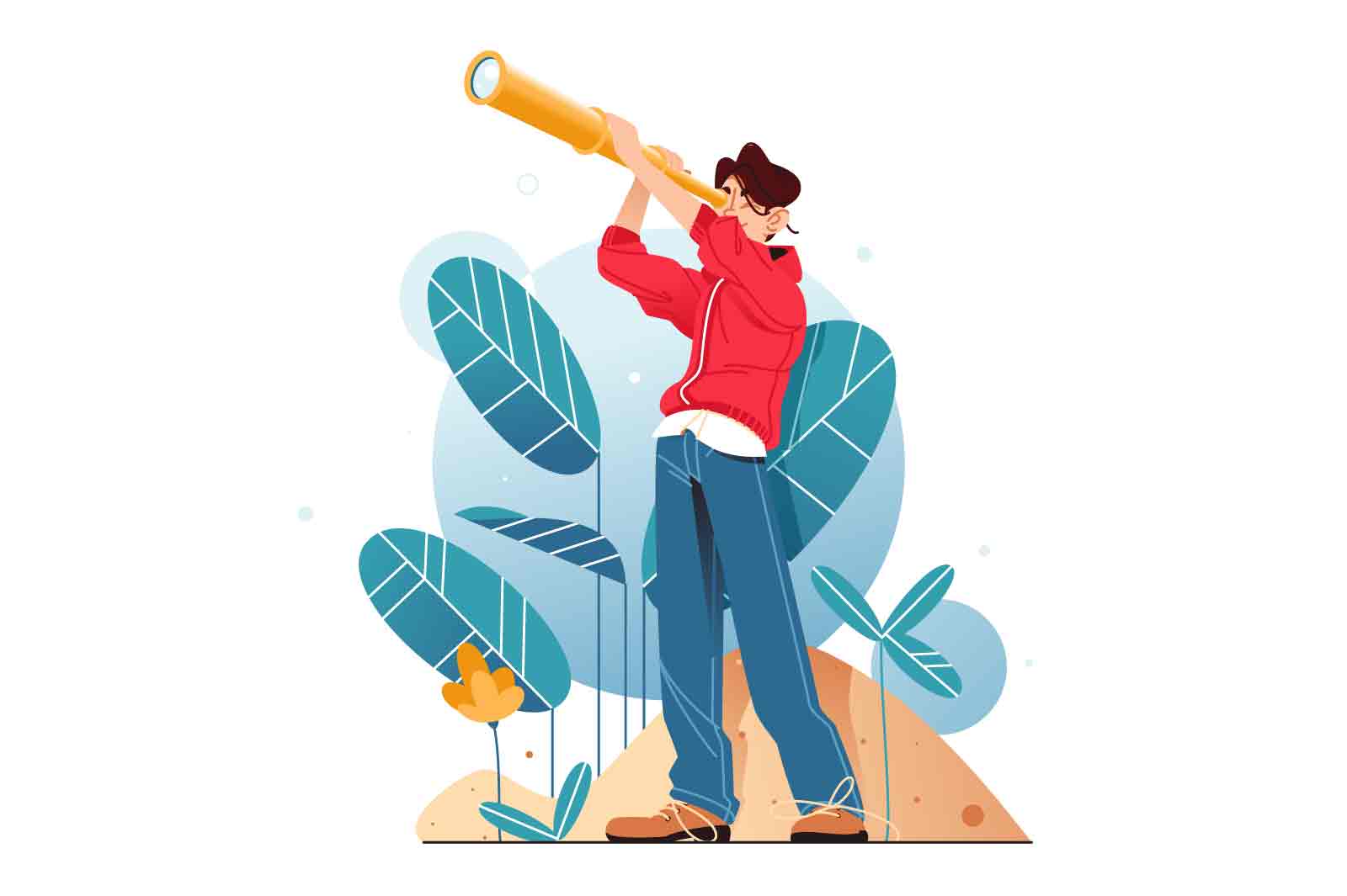 Guy holds telescope, searching for someone or something, Vector illustration. Exploration and discovery concept.