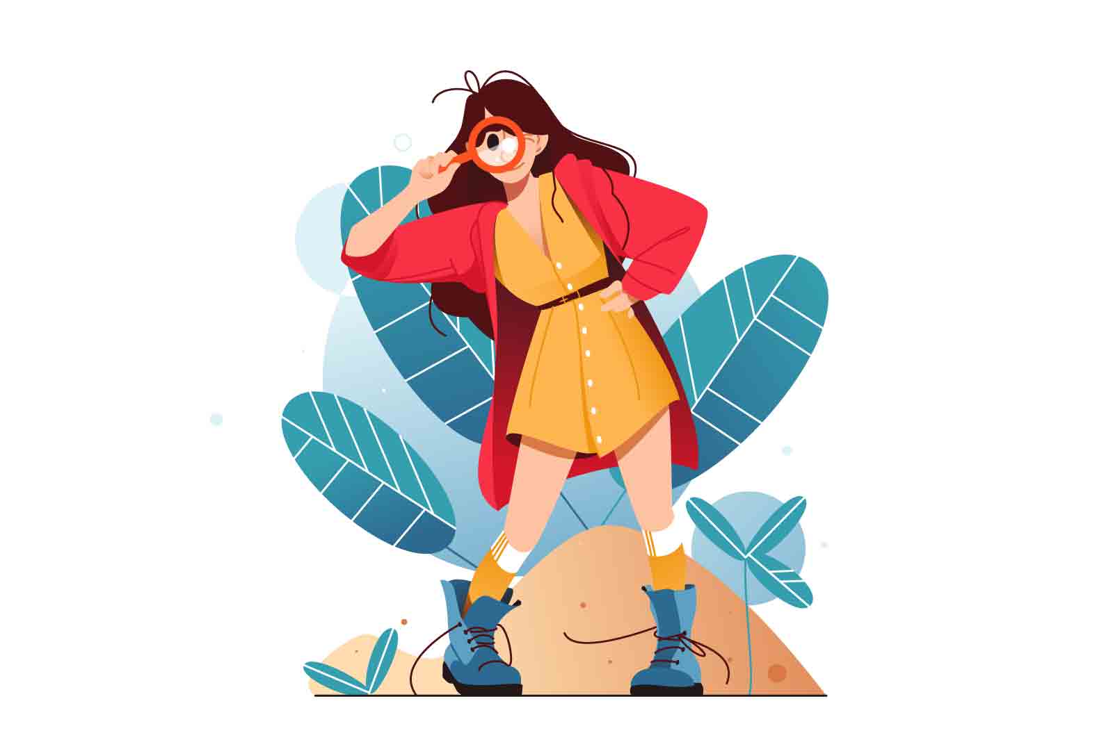 Girl exploring with magnifying glass, vector illustration. Discovery and investigation concept.