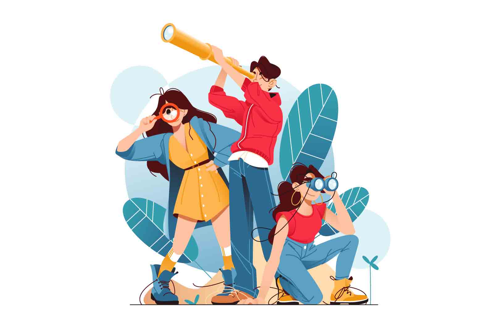 Three characters searching for someone or something,vector illustration. With telescopes, magnifying glass and binoculars.