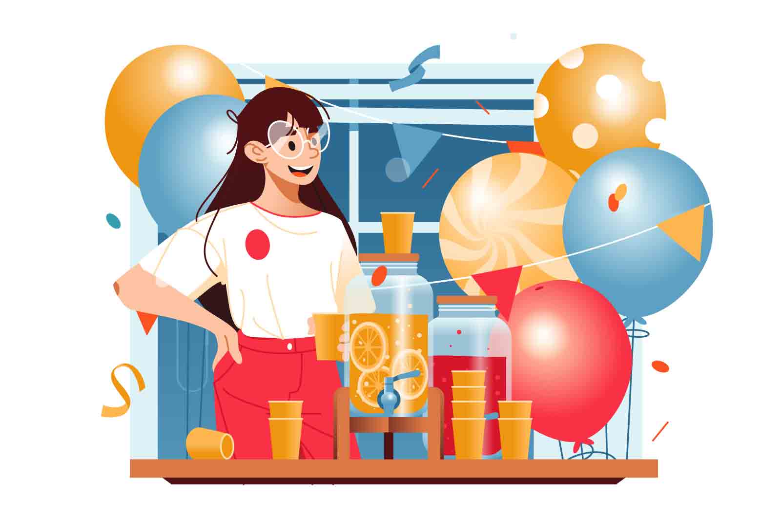 Girls at corporate party nearby table with drinks, vector illustration. Celebratory setting, with juice-like drinks and festive balloons.