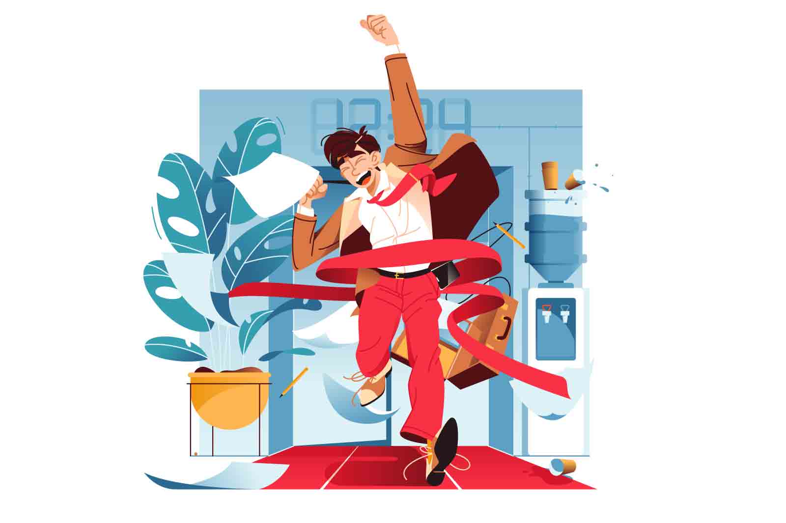 Office worker races down corridor crossing finish line, vector illustration. Businessman triumphantly waving document and dropping papers in excitement. Finishing first symbolizes success.