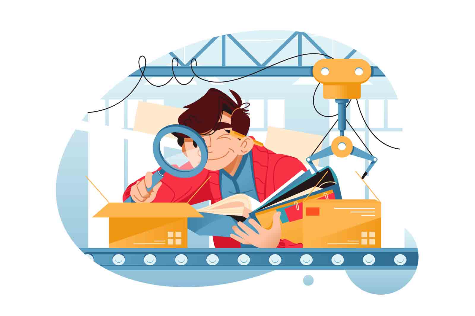 Person inspects moving box with magnifying glass in factory setting with conveyor and manipulator in background, vector illustration.