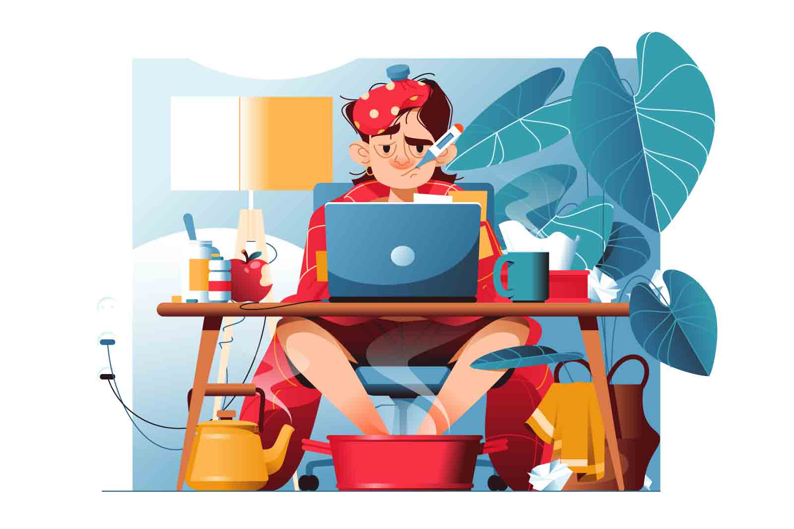Sick man works from home, seated at cluttered desk with laptop, vector illustration.