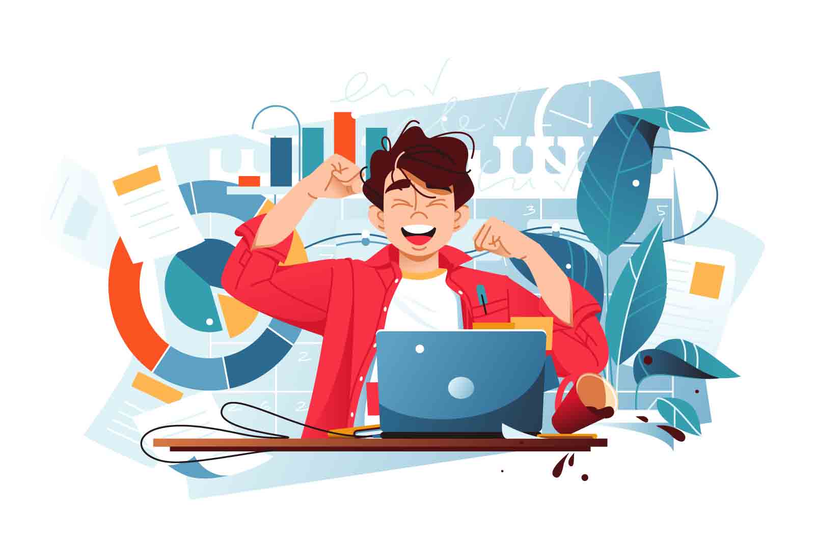 Man celebrates successful work with a big smile, vector illustration. Surrounded by charts, graphs, and documents.