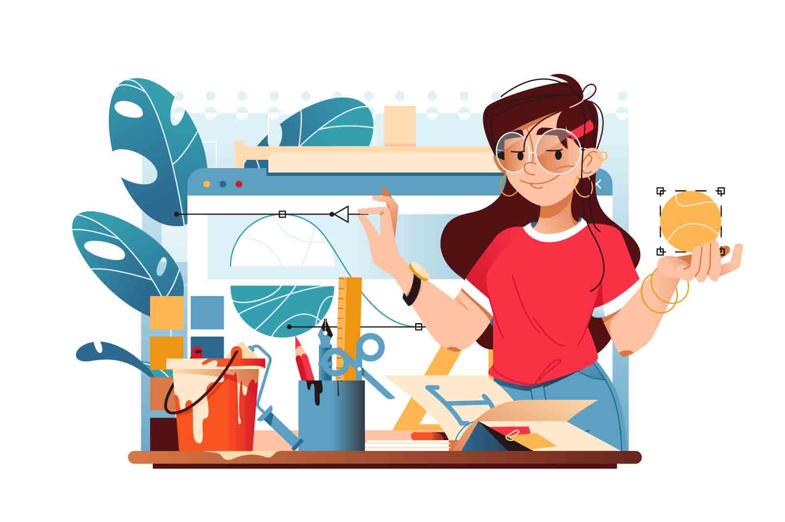 Girl holds drawing tools, standing near painting supplies, vector illustration. Graphic drawing concept.