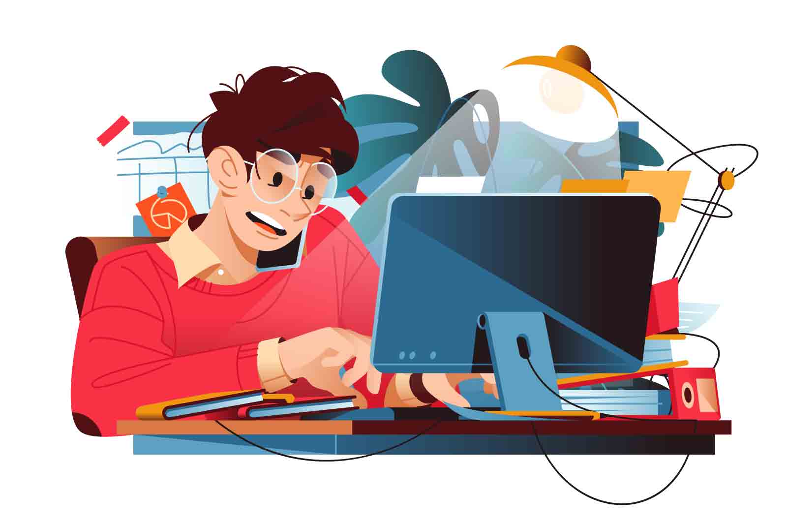 Busy worker sits at desk with computer, frantically typing and holding phone, vector illustration. Late overworking concept.