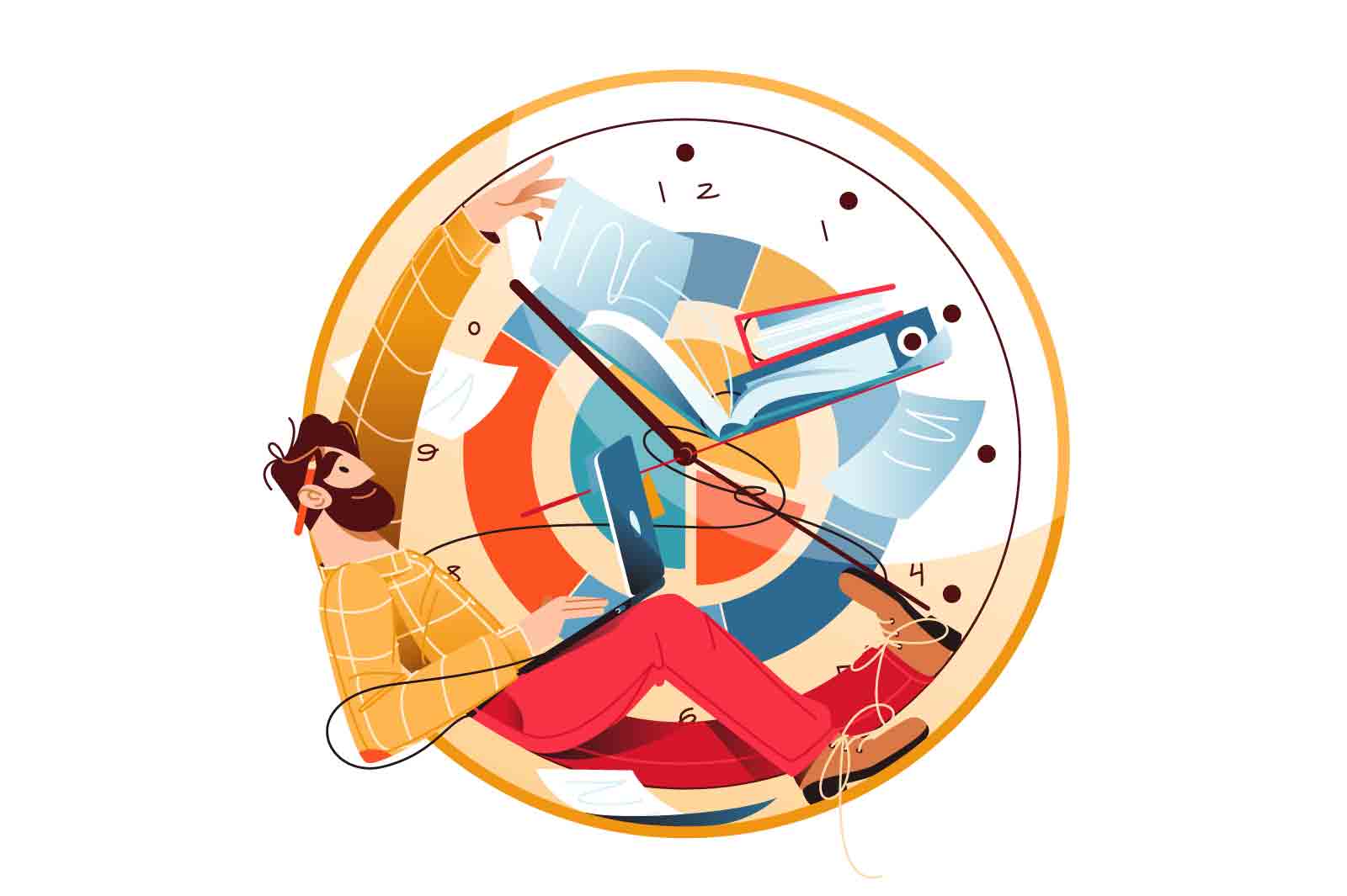 Time management in a fast-paced work environment, vectr illustration. Man lies within clock circle with laptop on knees, books and documents on clock, infographic on clock.