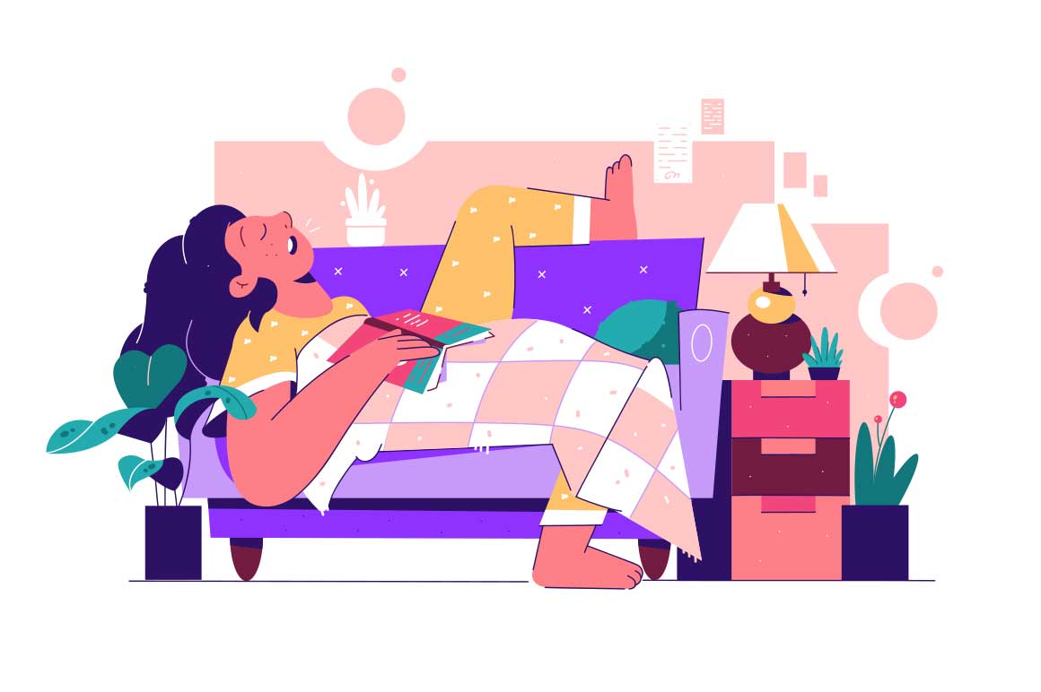 Girl sleeping on coach with open book, vector illustration. Woman relaxing in pajamas on sofa covered with blanket in the room isolated on white.