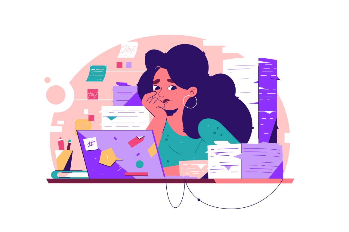 Woman with laptop and documents overwhelmed by work, vector illustration. Woman looking at the pile, feeling overwhelmed by work.