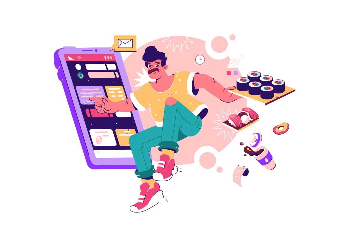 Man orders food online with a cell phone, vector illustration. Using the smartphone for online shopping, fast delivery concept.