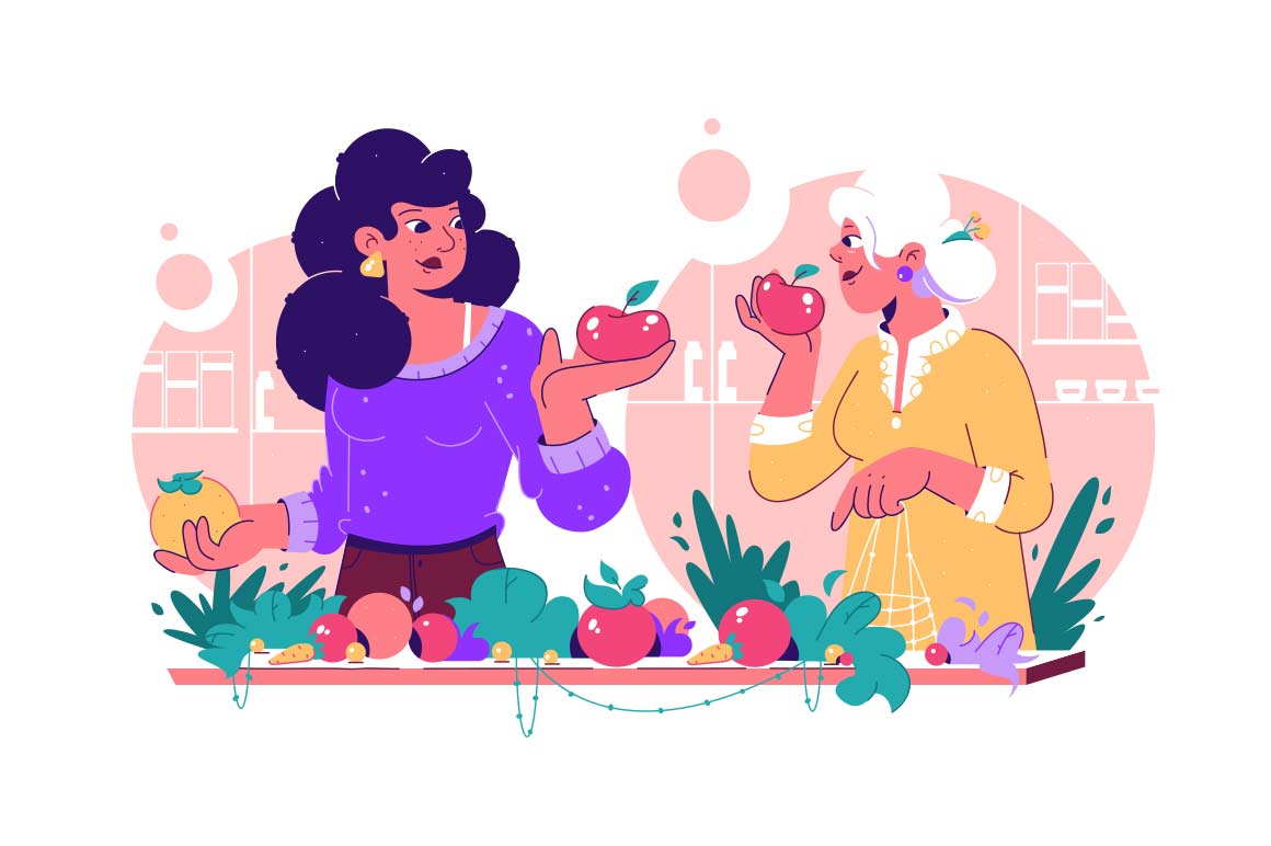 Grocery Shopping Illustration vector illustration. Mother and daughter shopping for apples in local store.