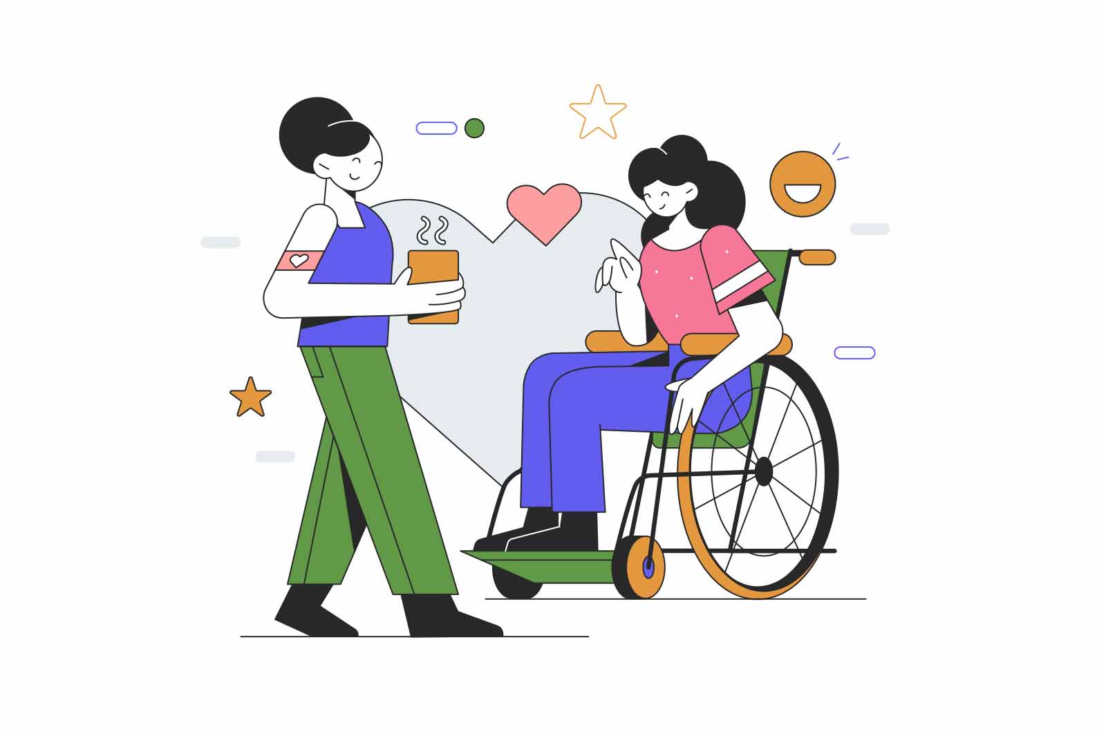Help for people with disabilities, vector illustration. Volunteer assistance to people with limited mobility, the disabled and the needy.