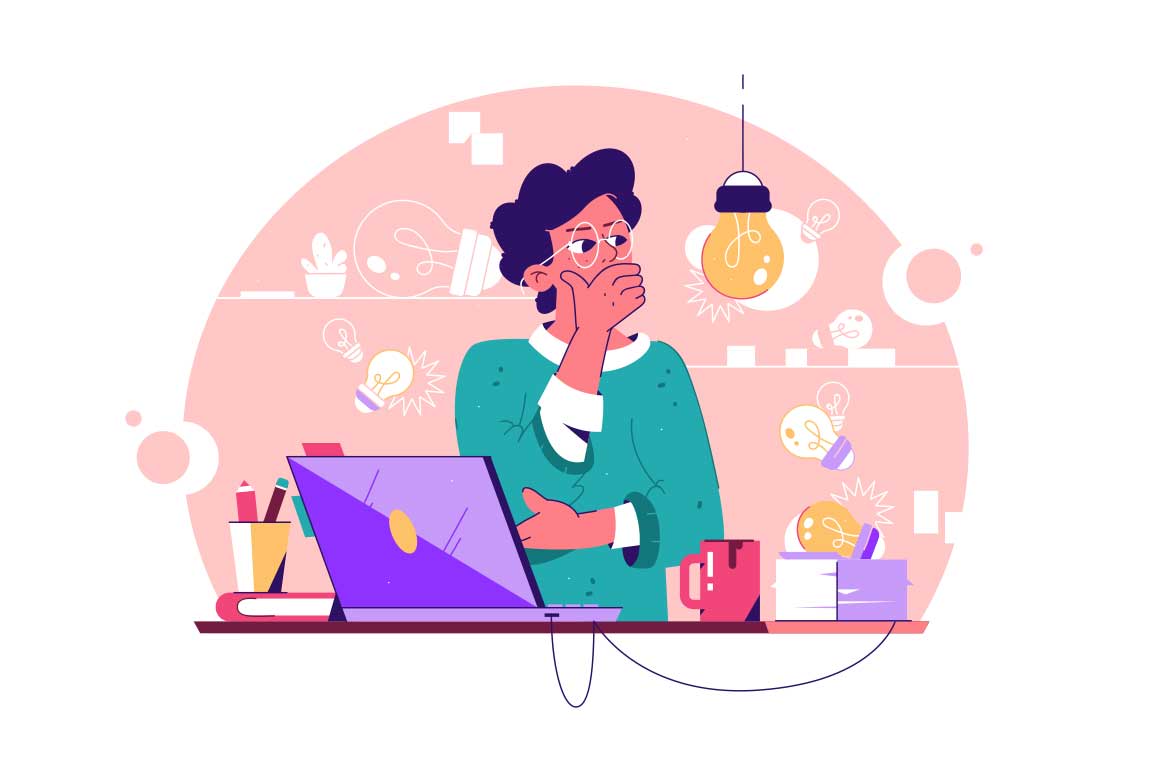 Man in office surrounded by ideas - lightbulbs lost in thought vector illustration. Desk cluttered with laptop, coffee, documents, idea search concept.