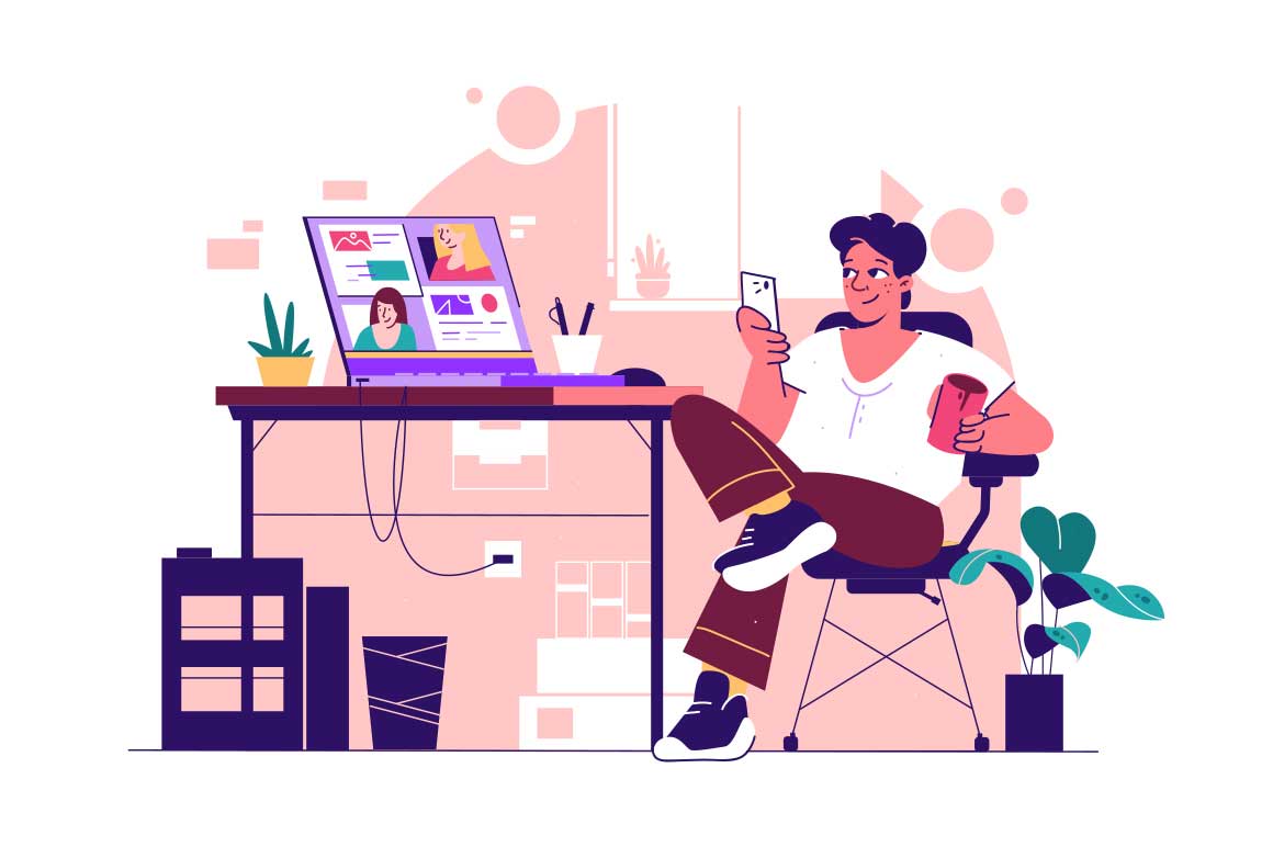 Man works on laptop with colleagues on screen, vector illustration. He balances coffee cup in one hand and a phone in the other.