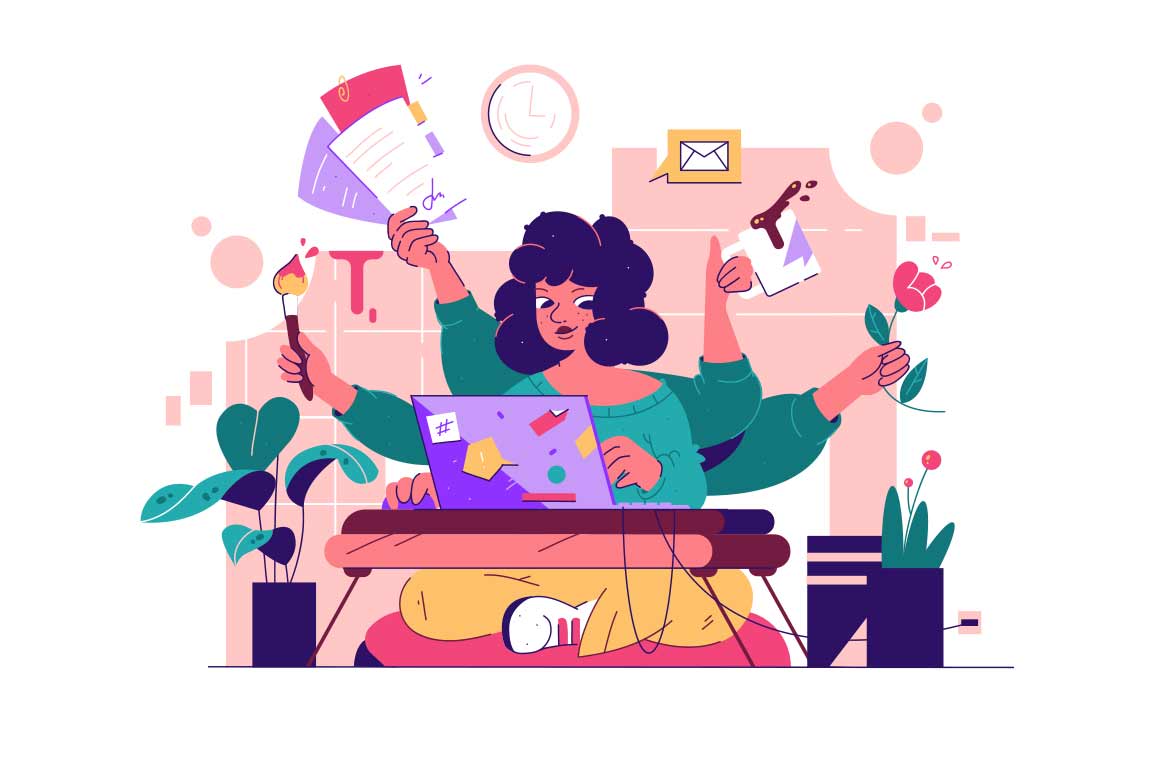 Multitasking Woman vector illustration. Female worker utilizing six hands to manage various tasks such as working on a laptop and painting.