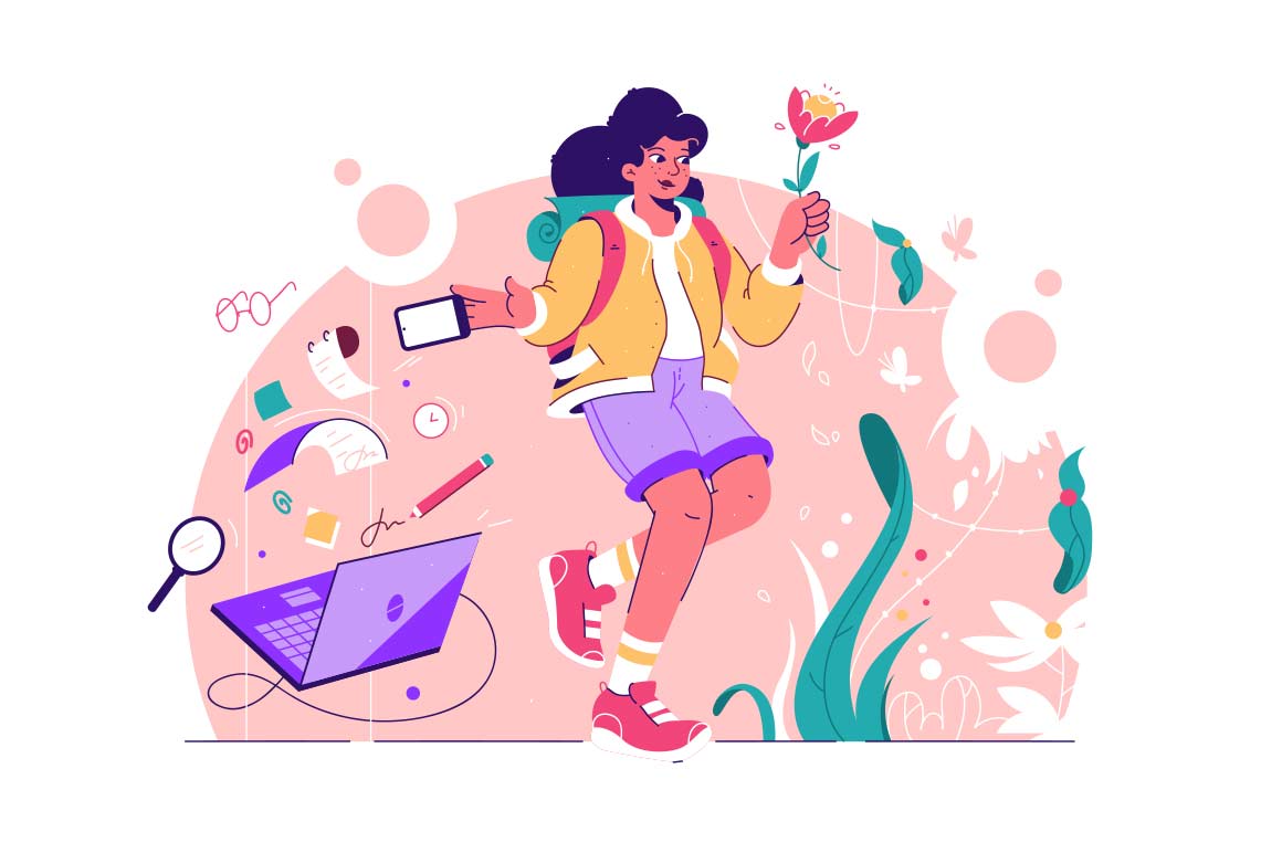 Woman steps away from work and into nature, vector illustration., Leaving behind technology and paperwork, holding a flower.