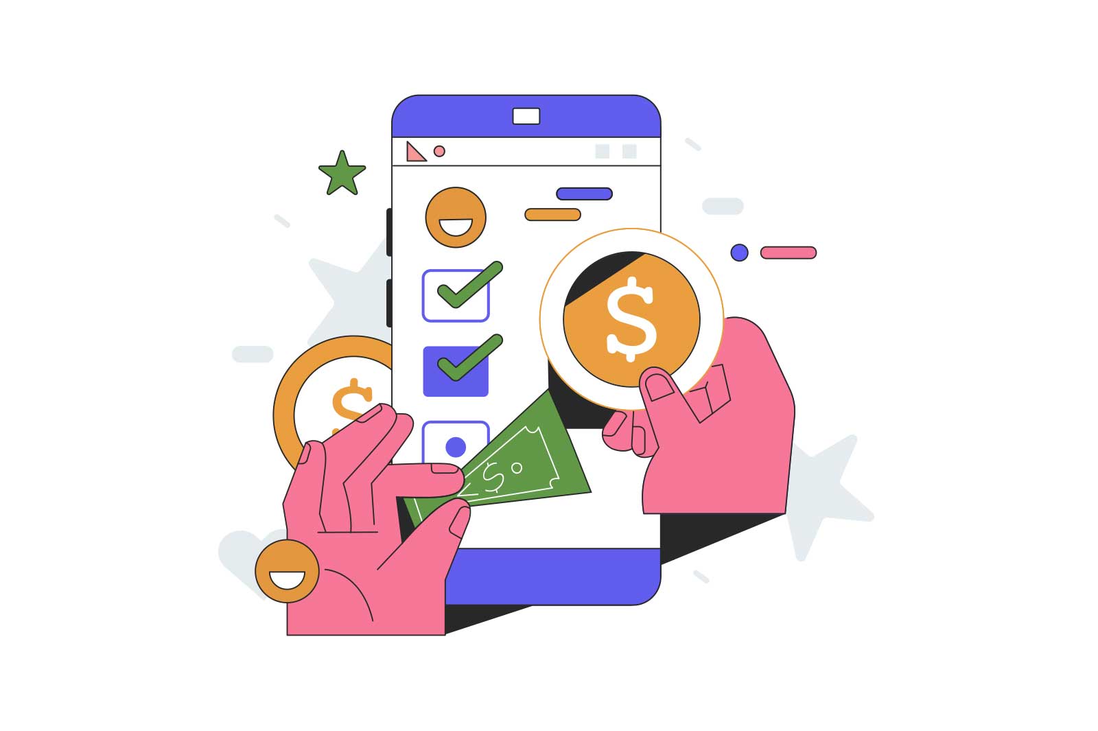 Online Payment Concept vector Illustration. Hands Holding Coin and Banknote with Checkmarked on Screen.