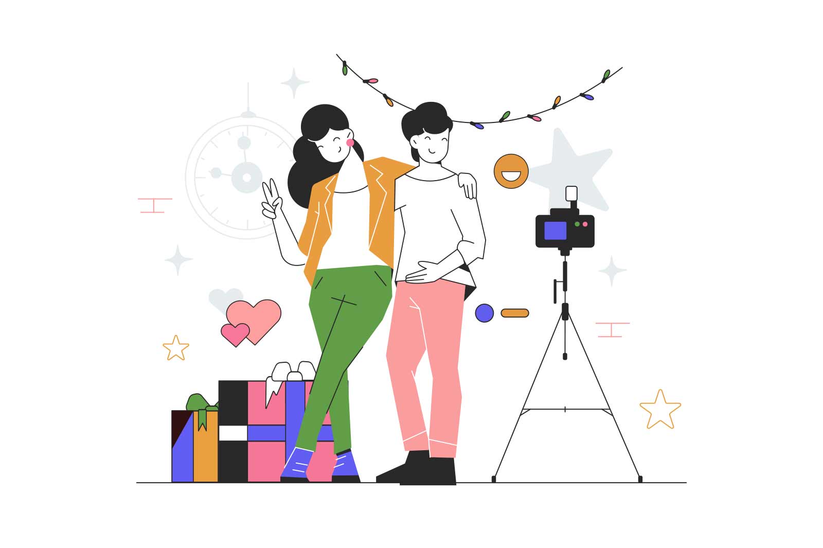 Holiday photo for a young couple, vector illustration. Photo session on a festive background with gifts and garlands, two characters male and female, photo camera on a tripod.