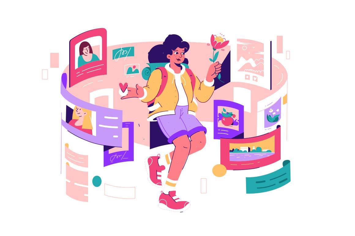 Girl surrounded by photos, vector illustration. Memories of her life in the form of photographs.