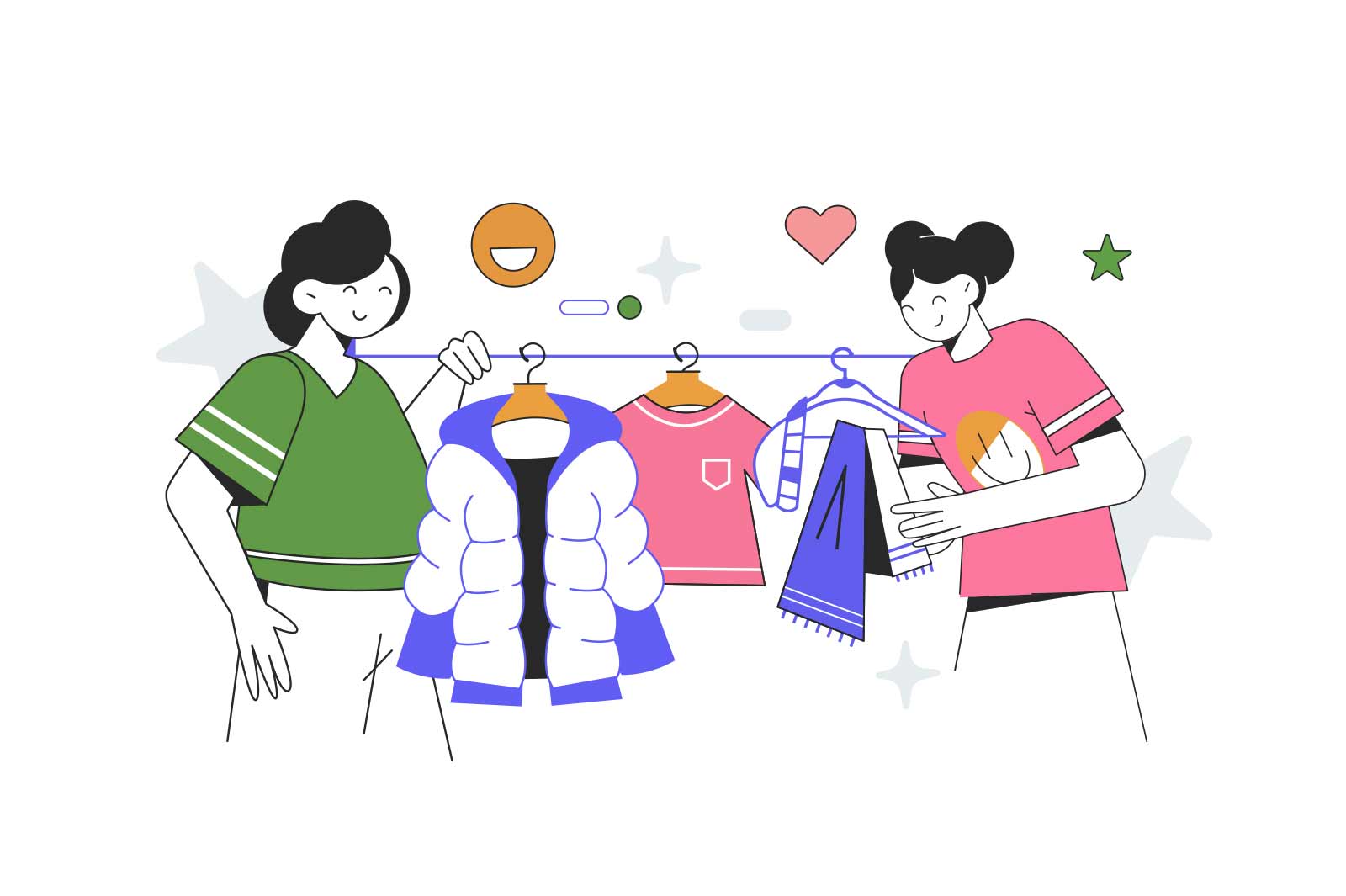 Two young women shopping, vector illustration. Female couple choosing cloths on the hangers, sorting through the stock supply, looking at things in the store, making purchases.