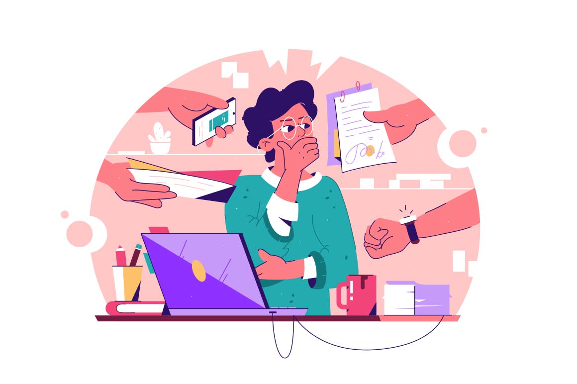 Stressed Office Worker vector illustration Man in an office overwhelmed with tasks symbolized by reaching hands handing him objects.