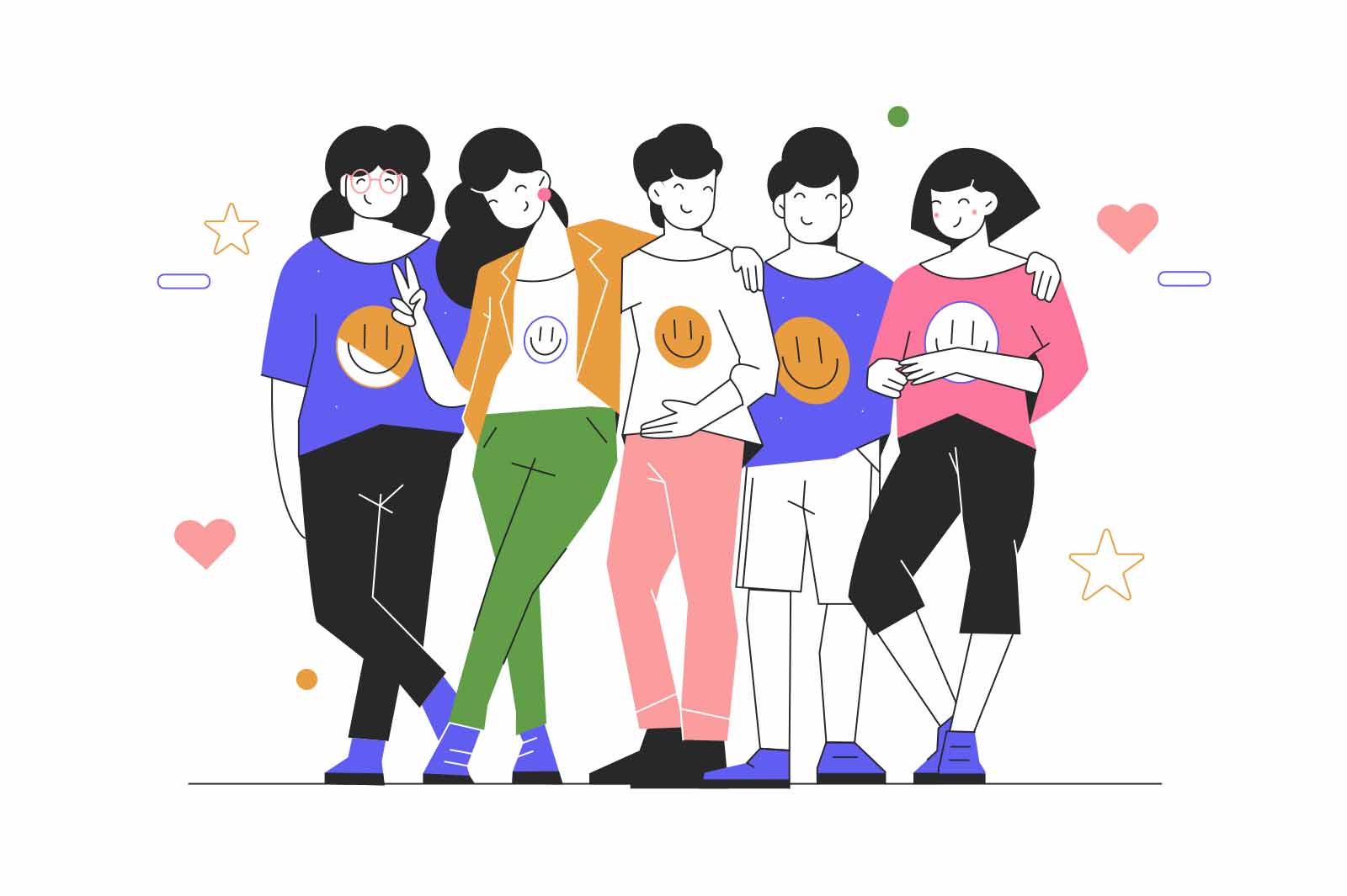 Team of friends or coworkers vector illustration. People standing, hugging and posing together. Teamwork, togetherness and friendship concept
