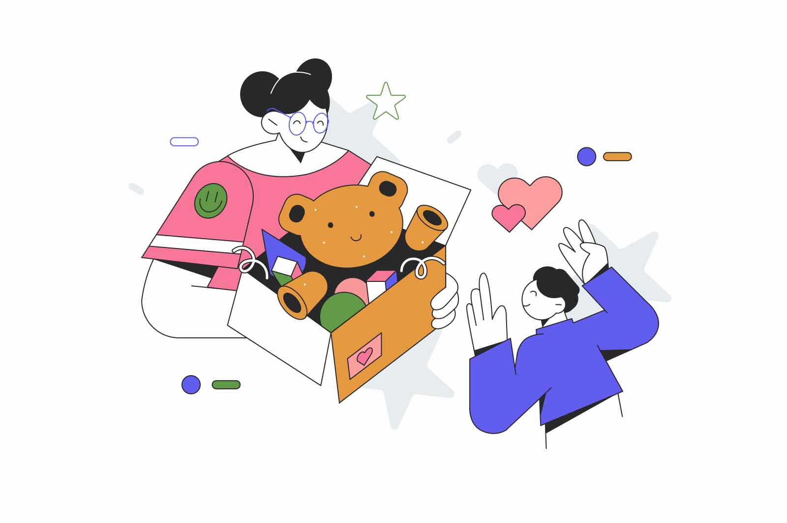 Woman gives a box with toys to a boy, vector illustration. The boy is happy to receive a large set of new toys. New set for a child to play with.