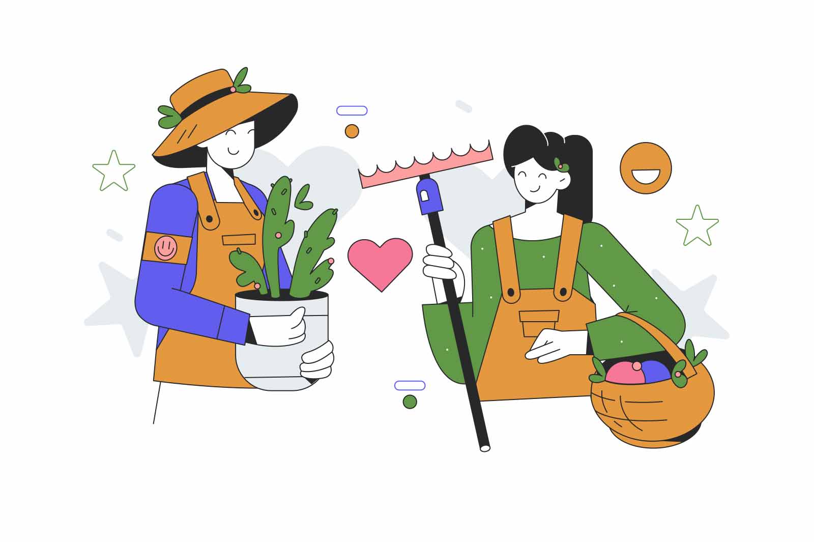 Two women in work clothes are engaged in gardening. Planting plants, weeding and harvesting. Discuss the topic of gardening and growing flowers. Vector illustration.