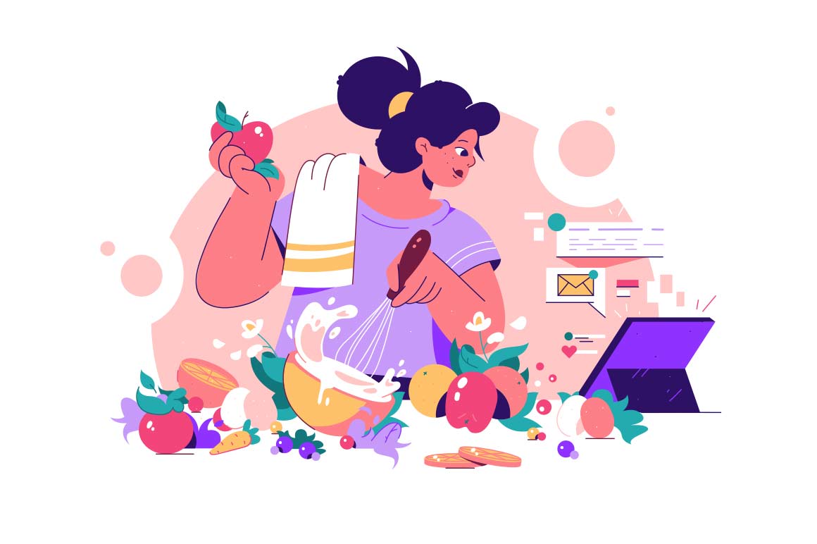 Woman Cooking in kitchen Interrupted by notifications vector illustration. Preparing food while being disturbed by work-related notifications.