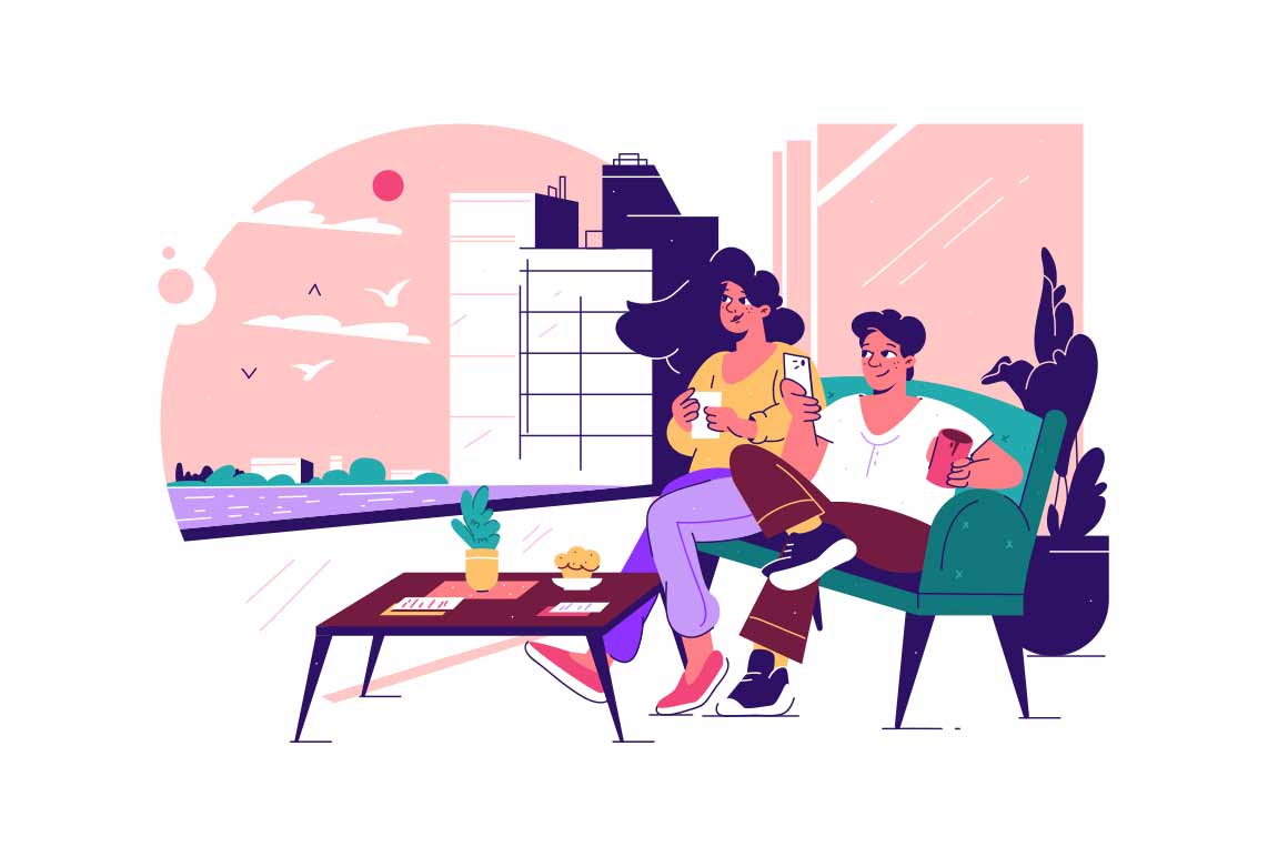 Two colleagues relax on couch in office vector illustration. Colleagues overlooking a riverside view amidst tall city buildings.
