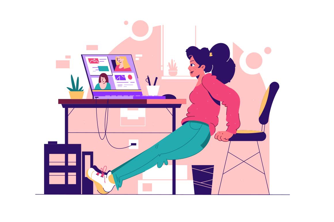 Girl exercising while working in an office vector illustration. Setting, talking to colleagues online while seated at a desk with a laptop