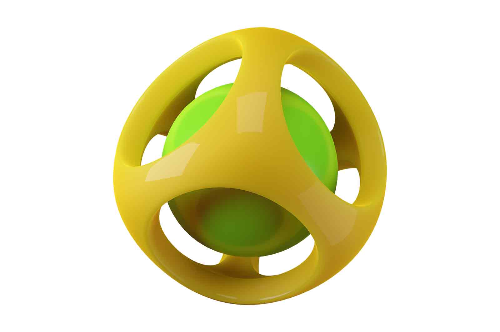 Abstract green sphere inside of yellow frame with holes 3d rendered illustration. Component of mechanism concept