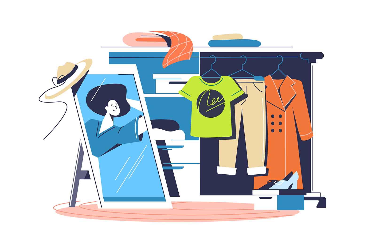 Woman wardrobe with clothing and accessories, vector illustration. A woman tries on a hat in front of a mirror.