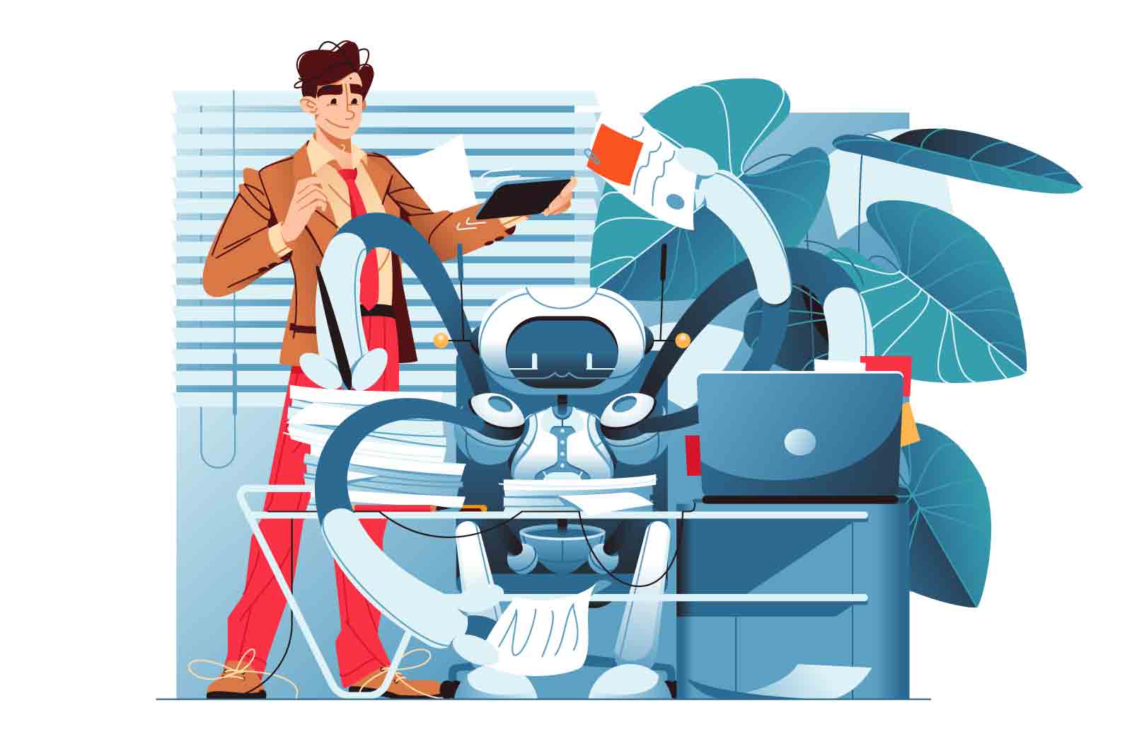 Robot helps human to do work, vector illustration. Work automation with AI help, business documents processing.