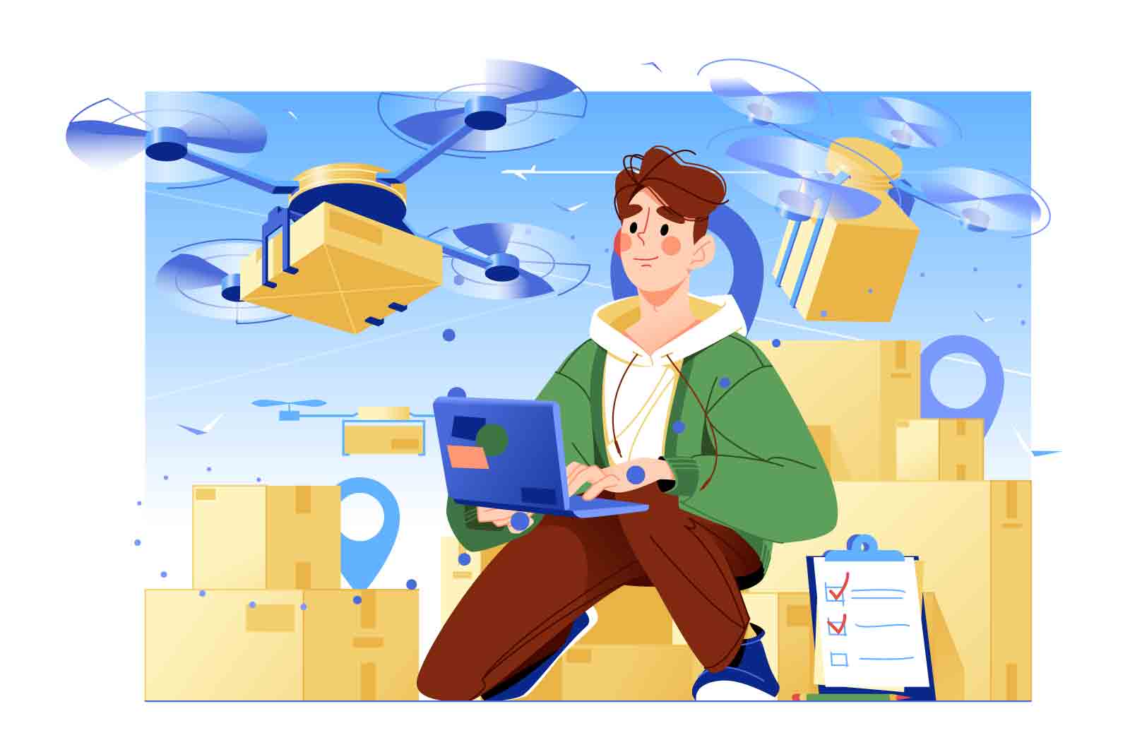 E-commerce modern fast drone delivery concept. Man controls flying delivery drone from laptop, vector illustration.