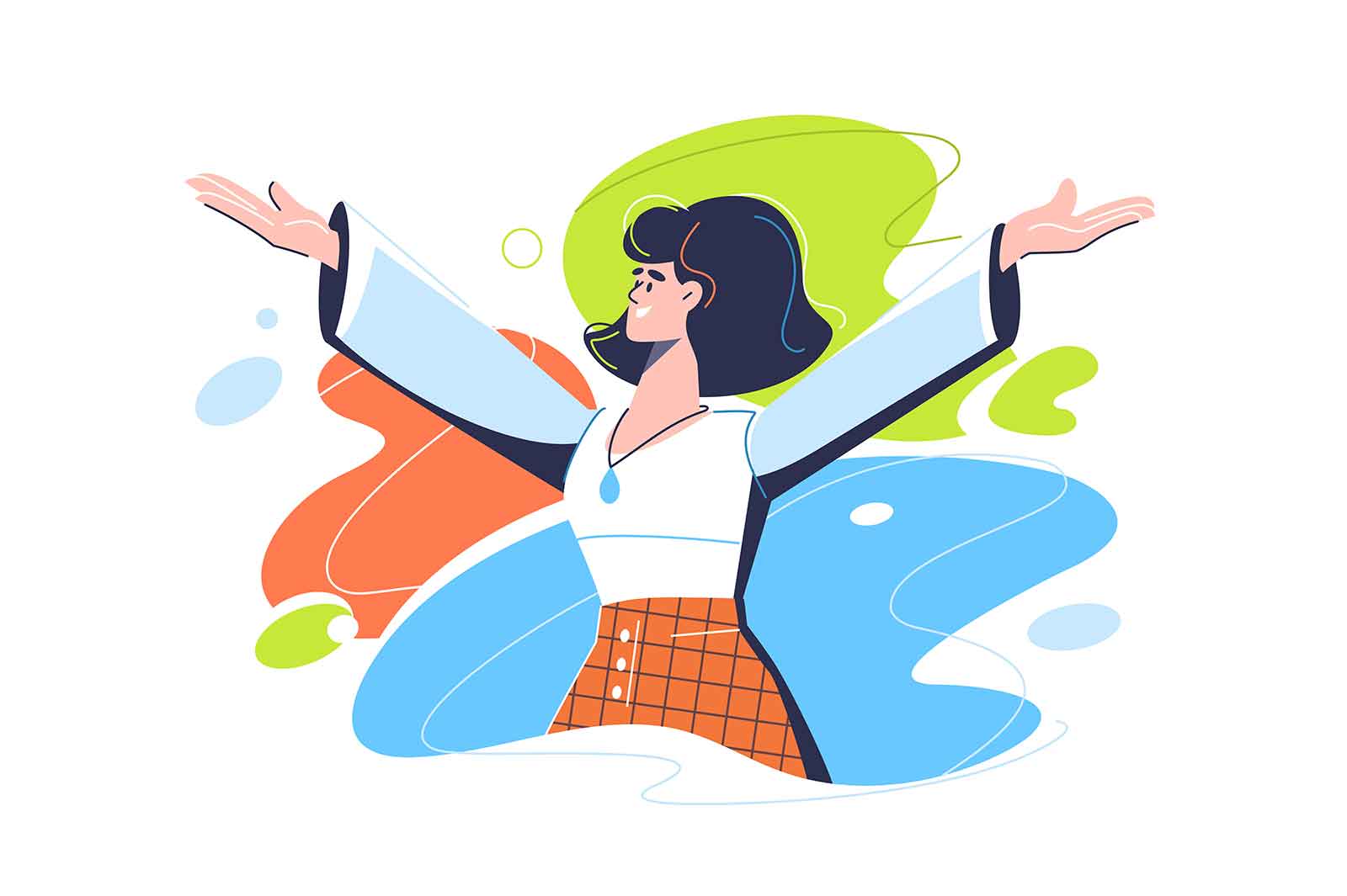 Woman with gratitude rising hand up and sides, vector illustration. Ability to express oneself concept.