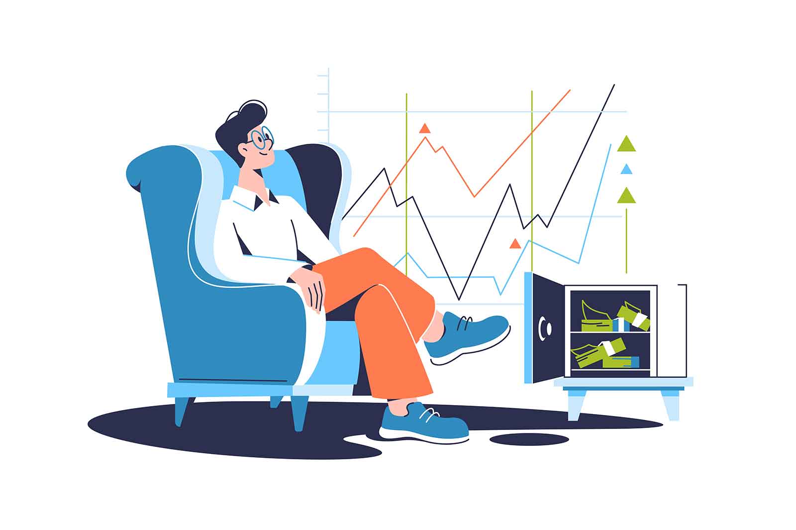 Man calmly watches the graphs of investments, vector illustration. Man sits in chair nearby the safe with packs of money.