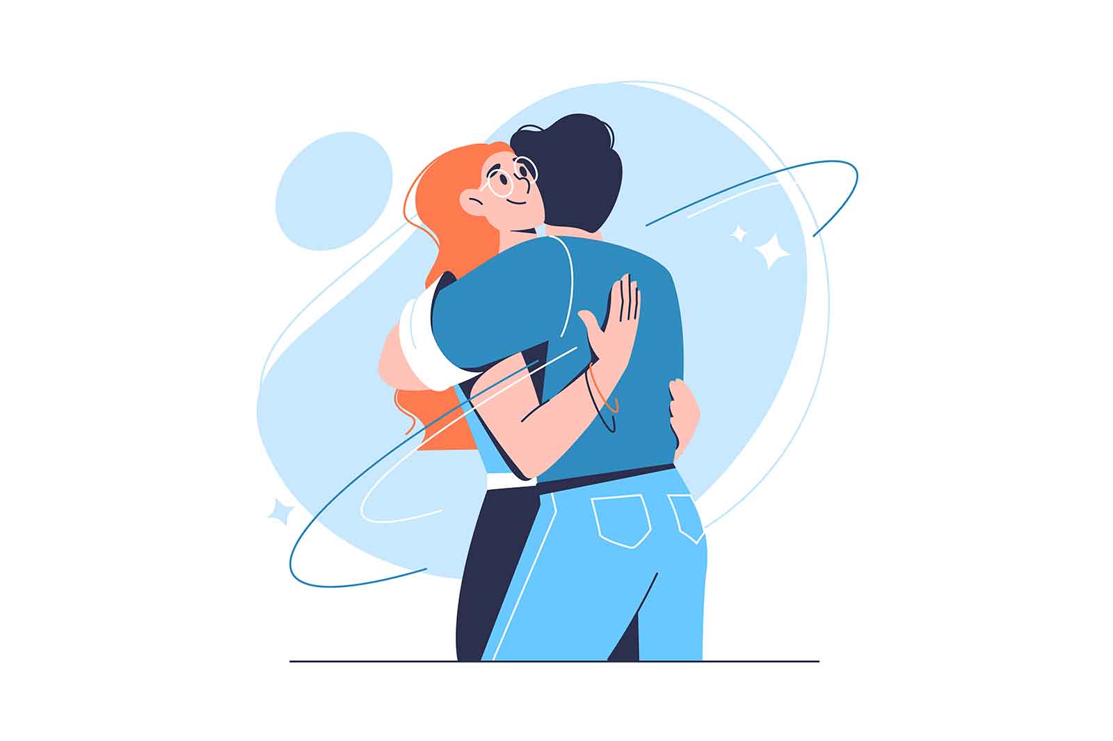 Man hugs woman, vector illustration. Close relationship concept.
